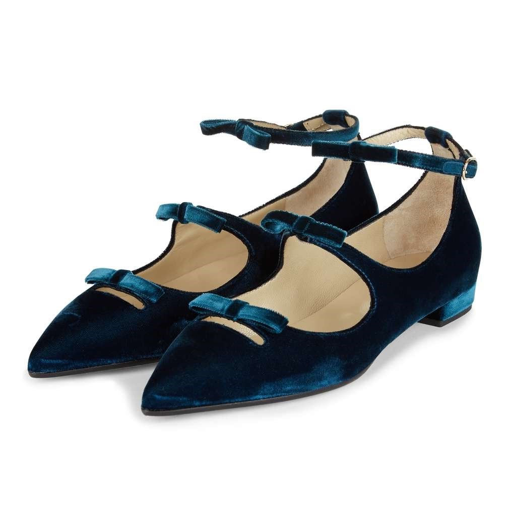 Teal Velvet Bows Embellished Pointed Toe Ankle Strap Mary Jane Flats