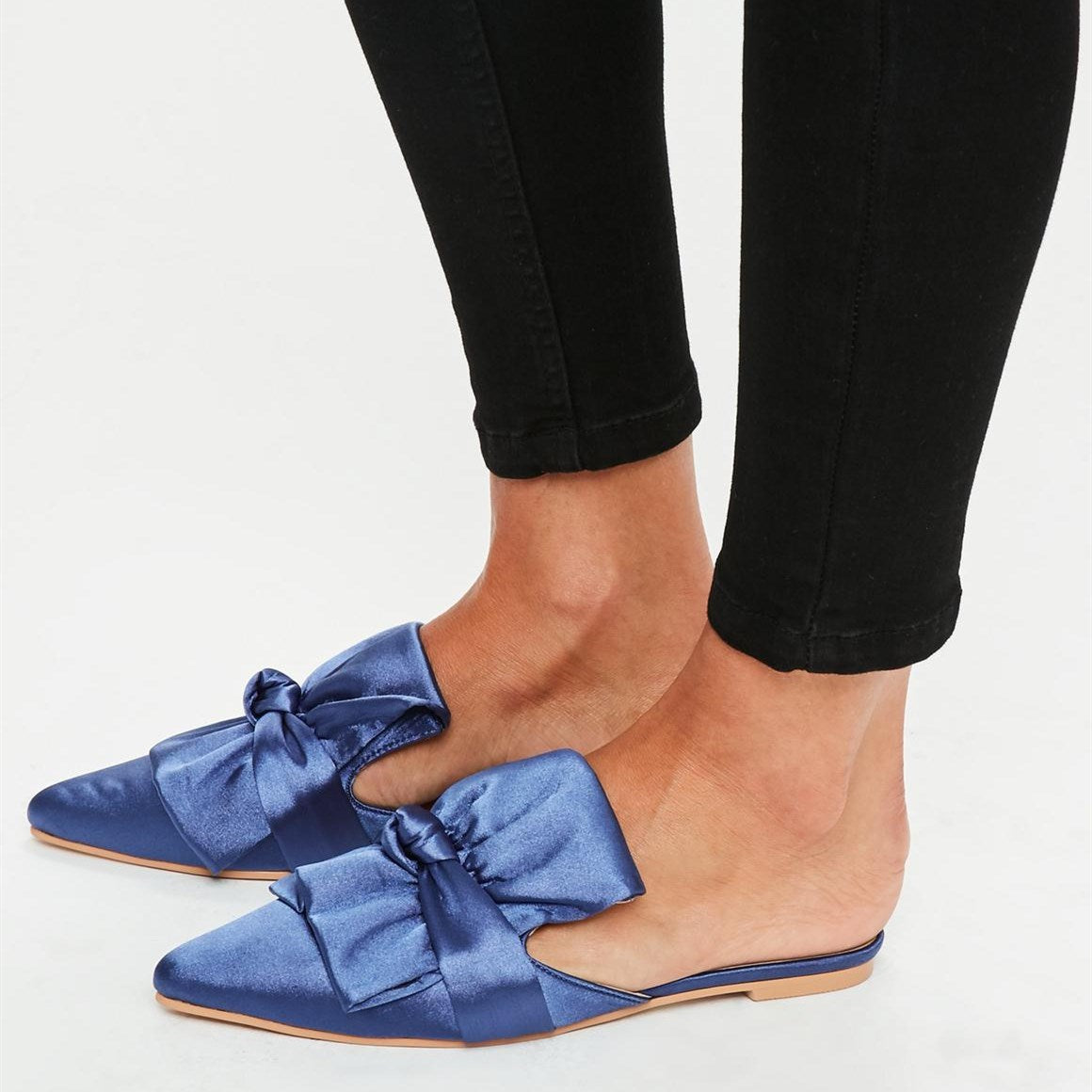 Blue Satin Bow Pointed Toe Flat Mule Loafers for Women