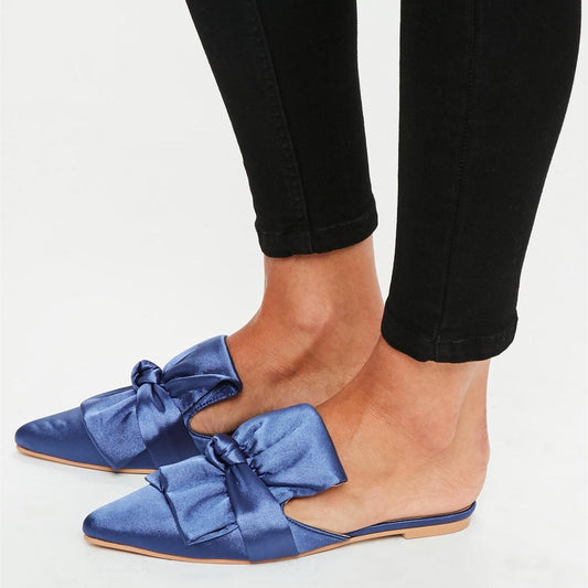 Blue Satin Bow Pointed Toe Flat Mule Loafers for Women