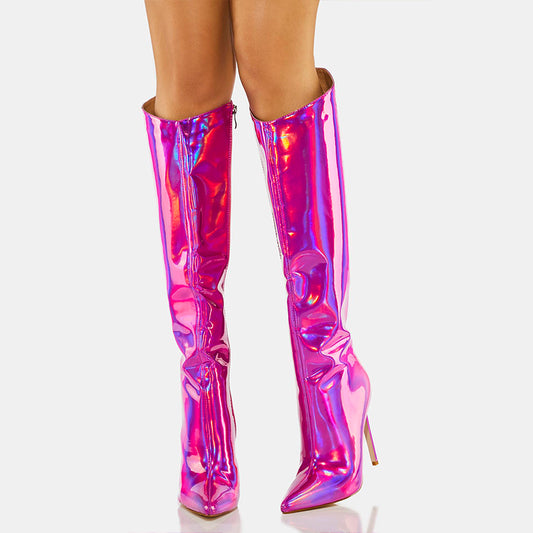 Pink Iridescent Pointed Toe Stiletto Heel Knee High Boots for Women