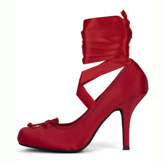Women's Satin Square Toe Stiletto Heel Lace Up Bow Red Pumps