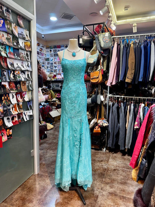 Elegant Lake Blue Mermaid Halter-neck Lace Long Prom Dress Evening Dress P4140