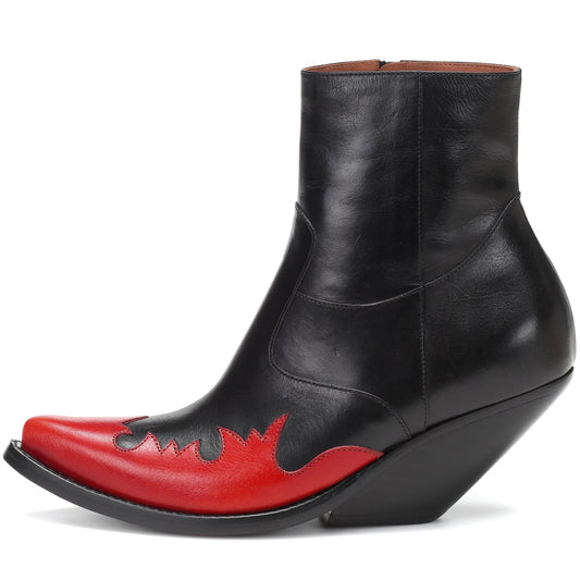 Black & Red Flame Booties Pointed Toe Wedge Western Ankle Boots
