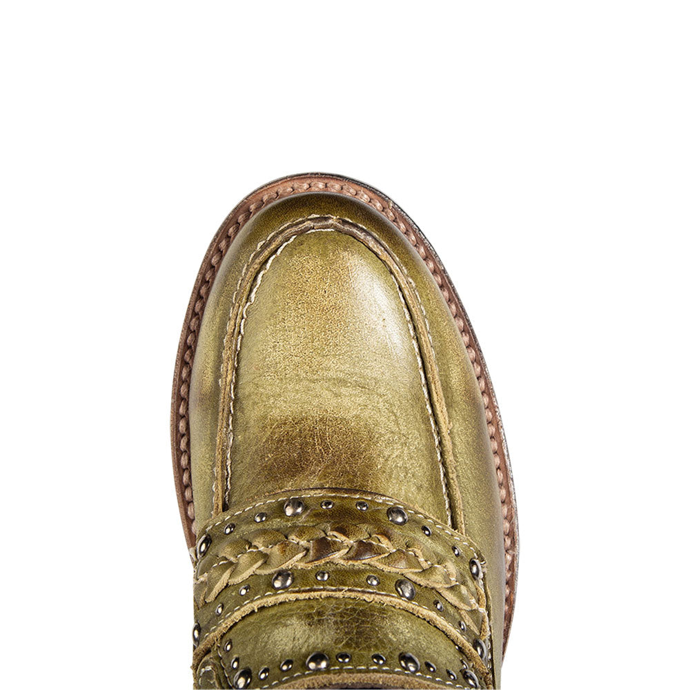 Distressed Olive Green Round Toe Block Heel Studded Women's Loafers