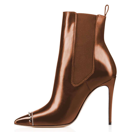 Women's Rivets Embellished Cap Toe Stiletto Heel Brown Chelsea Boots