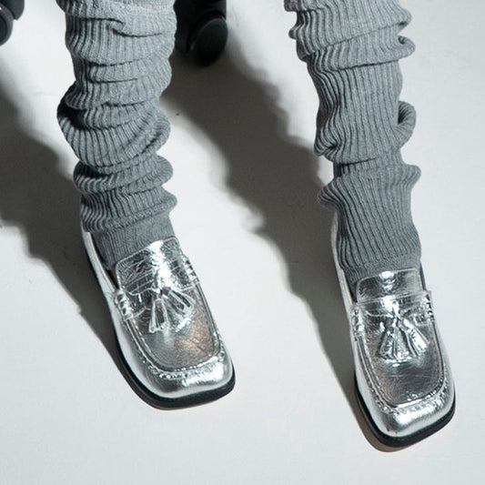 Silver Square Toe Chunky Heel Formal Loafers