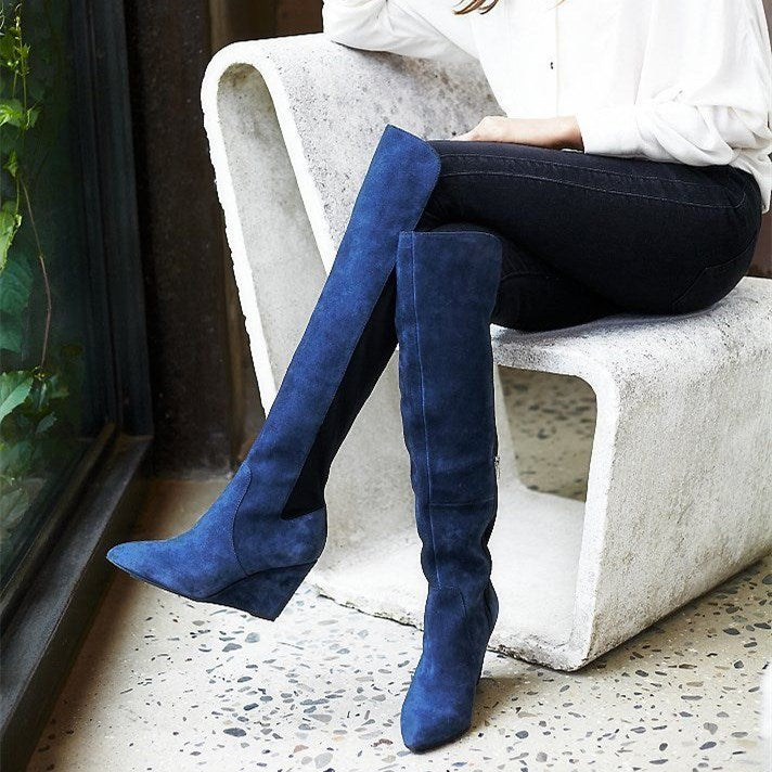 Blue Vegan Suede Wedge Heel Knee High Boots