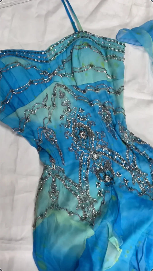 Vintage Blue Chiffon Prom Dress Sheath Ruffled Evening Dress Fairy Dress TP4675