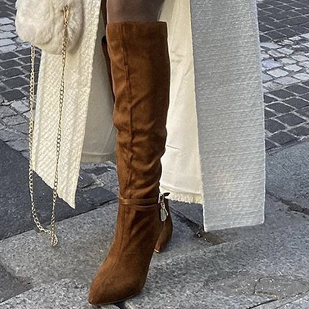 Brown Vegan Suede Buckle Strap Golden Stiletto Heel Knee High Boots