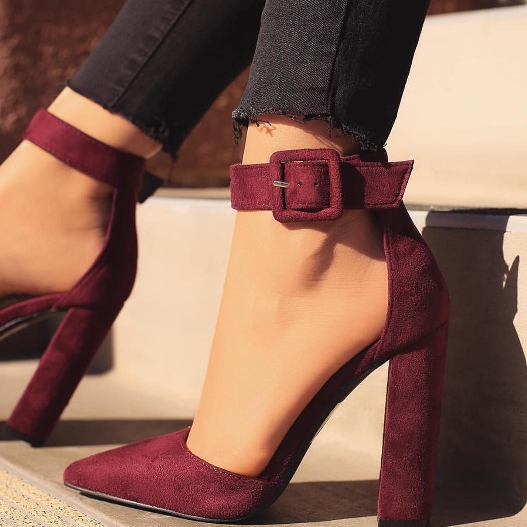 Women's Maroon Vegan Suede Buckle Ankle Strap Block Heel Pumps