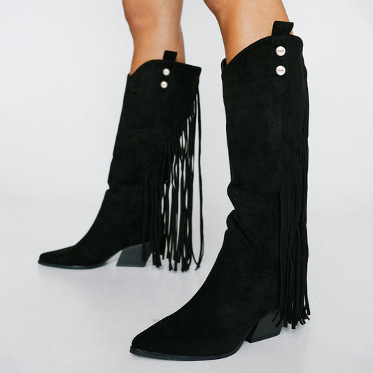 Women's Vegan Suede Pointed Toe Fringe Cowgirl Boots with Pearls