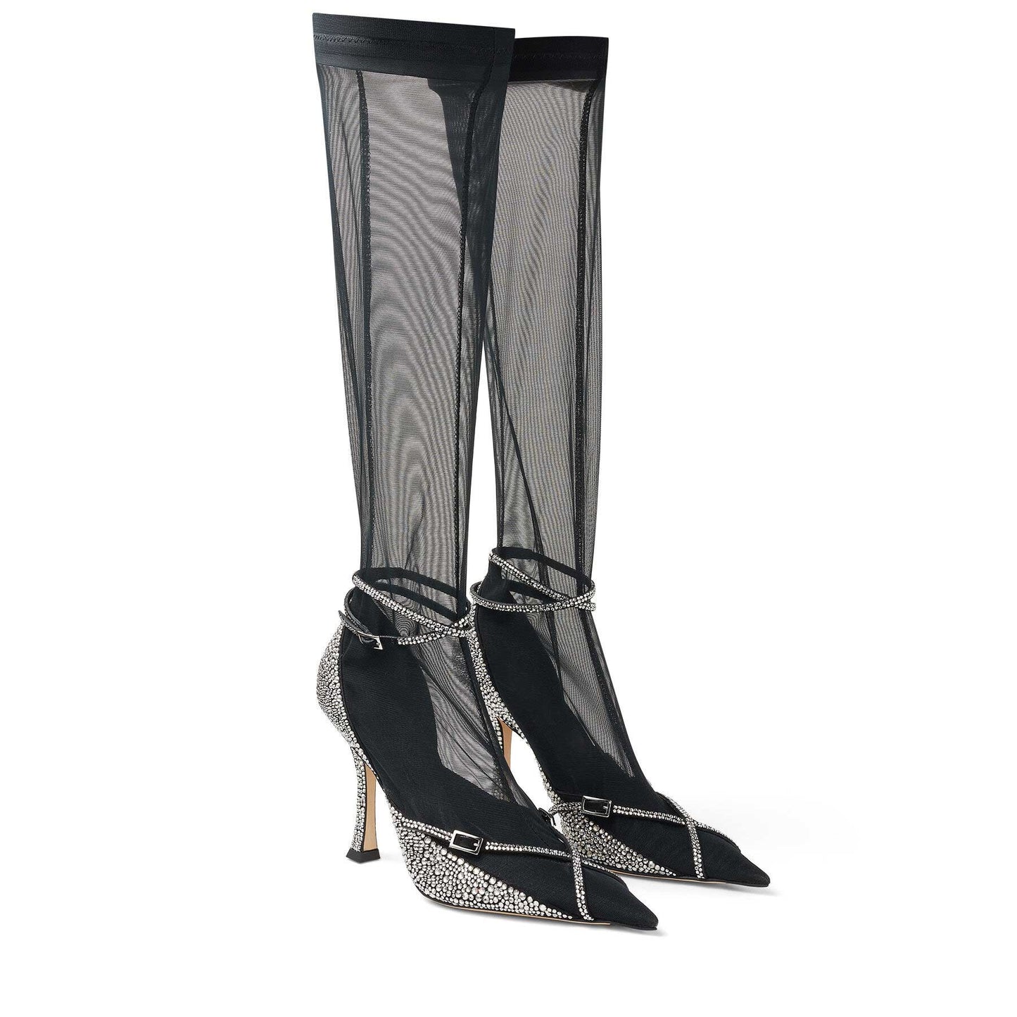 Black Mesh Rhinestone Crisscross Straps Flared Heel Knee High Boots