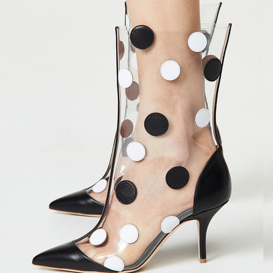 Black Transparent PVC Polka Dots Stiletto Heel Ankle Boots