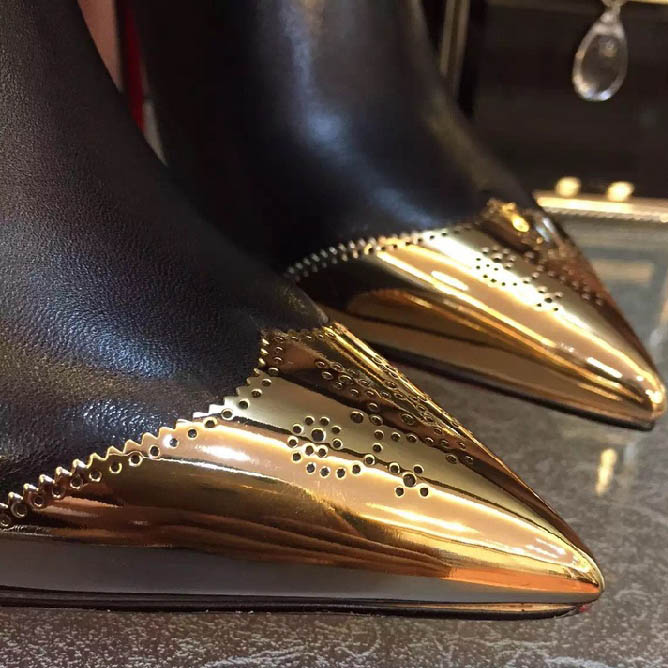 Black and Gold Wingtip Design Pointy Toe Stiletto Heel Ankle Boots