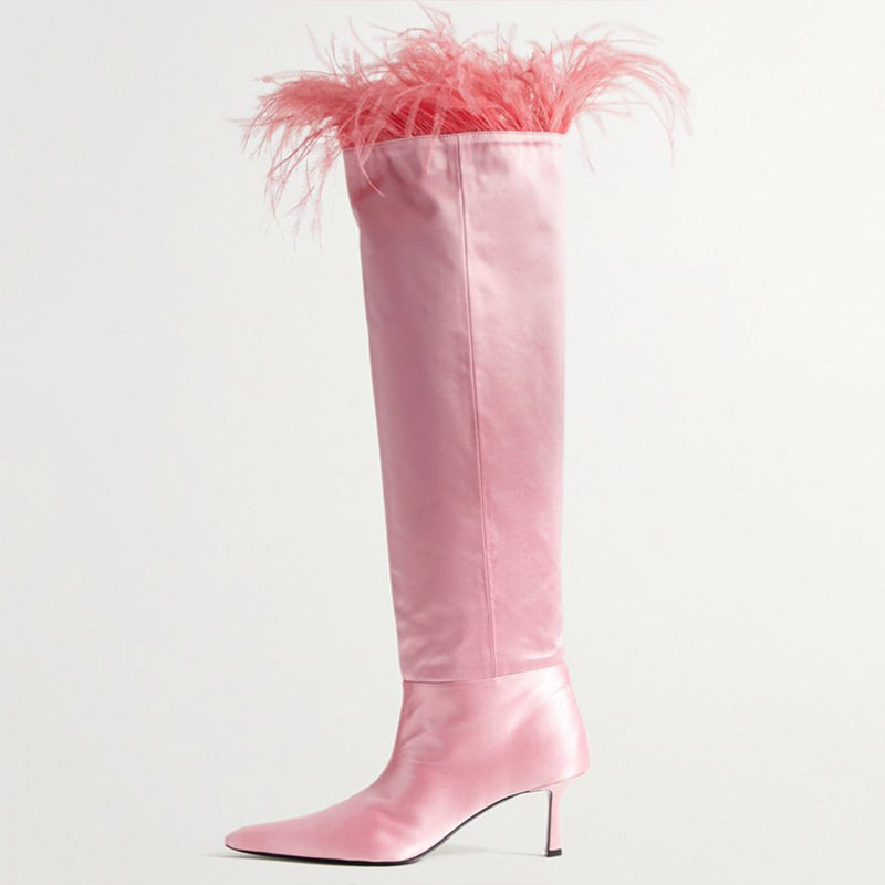 Elegant Pink Satin Feather Trim Knee High Boots with Kitten Heels