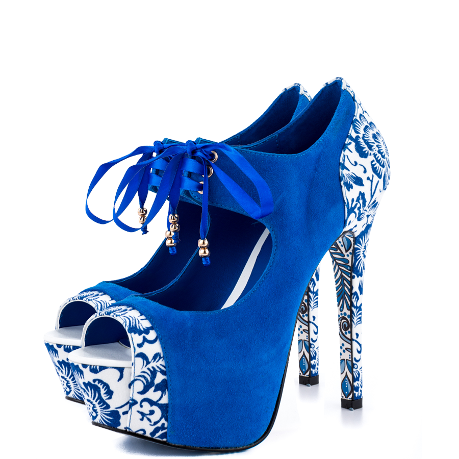 Blue Peep Toe Lace Up Heels Matryoshka Doll Print Platform Pumps