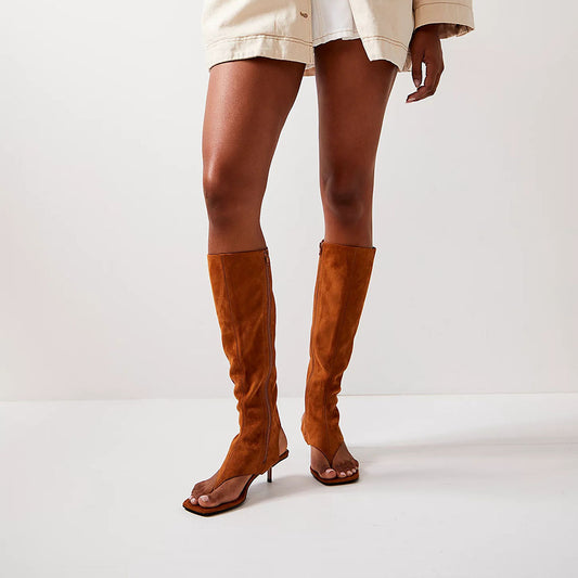 Brown Vegan Suede Square Toe Kitten Heel Knee High Boots