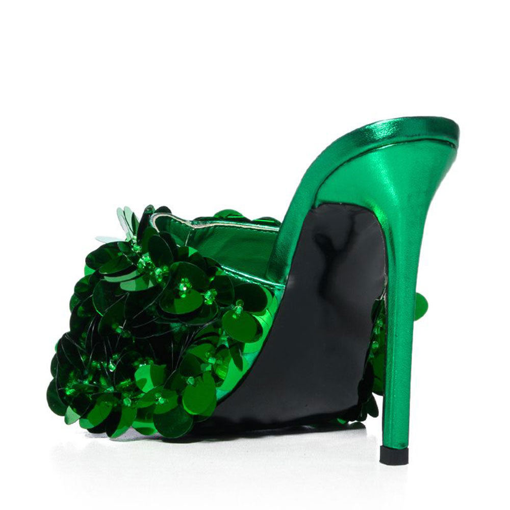 Women's Green Party Sandals Square Toe Sparkly Sequin High Heel Mules