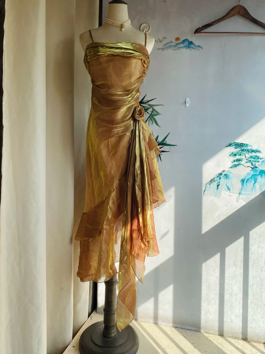 Vintage Gold-Brown Irregular Strap Pleated Satin Prom Dress Evening Dress P4171