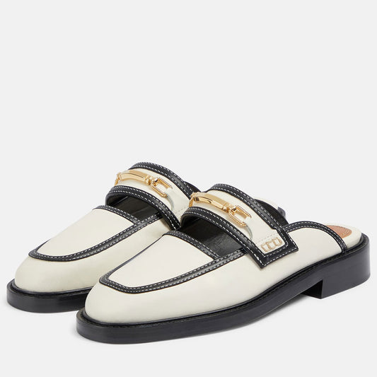 White & Black Round-Toe Low Block Heel Mule Loafers with Chain