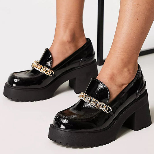 Black Round Toe Metal Chain Embellished Chunky Heel Women's Loafers