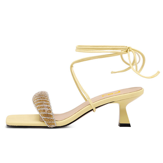 Yellow Square Toe Rhinestone Embellished Flared Heel Lace Up Sandals