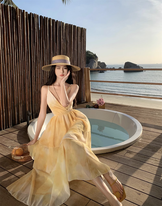 New Simple Yellow Floral Design A-Line Beach Holiday Spaghetti Strap Dress TP3031