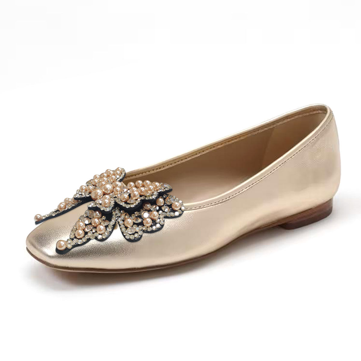 Gold Patent Leather Flats With Pearl Butterfly Decor Flats