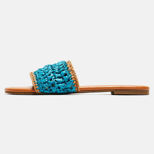 Chic Open Toe Woven Raffia Upper Flat Slide Sandals in Blue