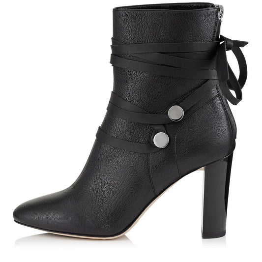 Black Round Toe Decorative Strappy Chunky Heel Ankle Boots