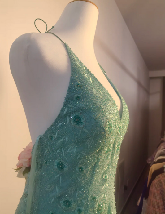 Elegant Mint Green Fitted Beaded Halter Neck Backless Long Prom Dress Evening Dress P4193