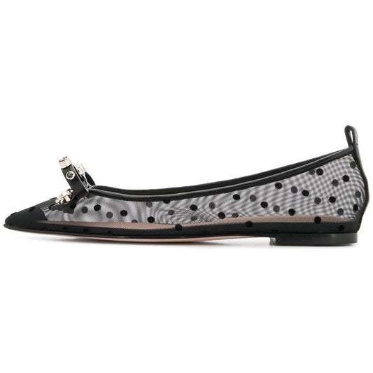 Black Mesh Polka Dots Bow Stud Comfortable Flats