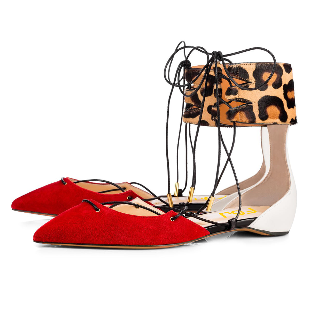 Multi Color Pointed Toe Lace Up Leopard Print Ankle Strap Flats