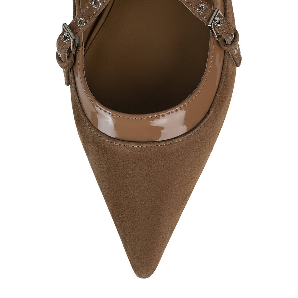 Brown Pointed Toe Buckle Strappy Ballet Flats with Bow