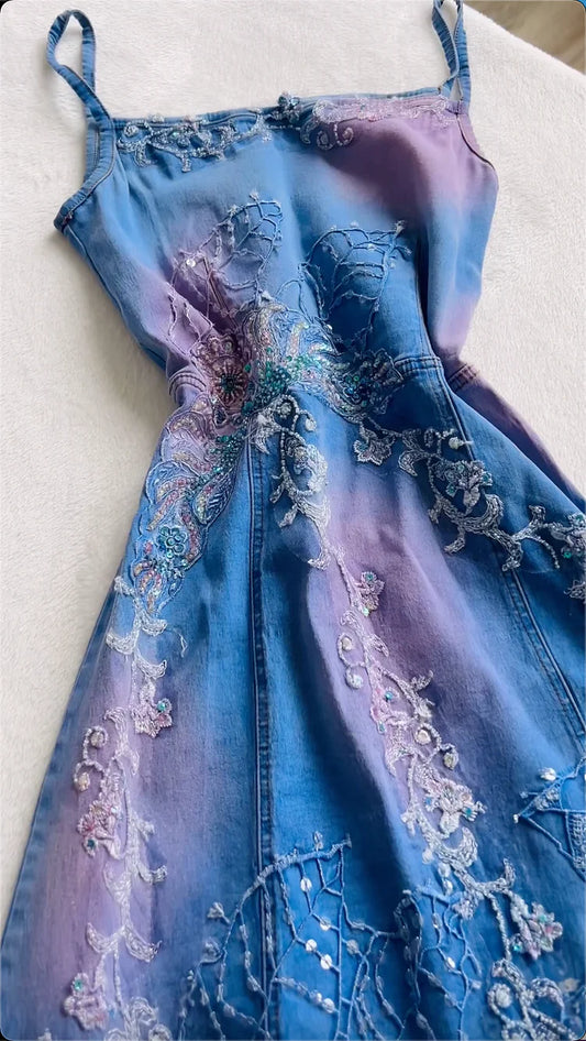 Vintage Blue Denim Sequin Applique Prom Dress A-Line Spaghetti Strap Evening Dress Long Formal Dress TP4687
