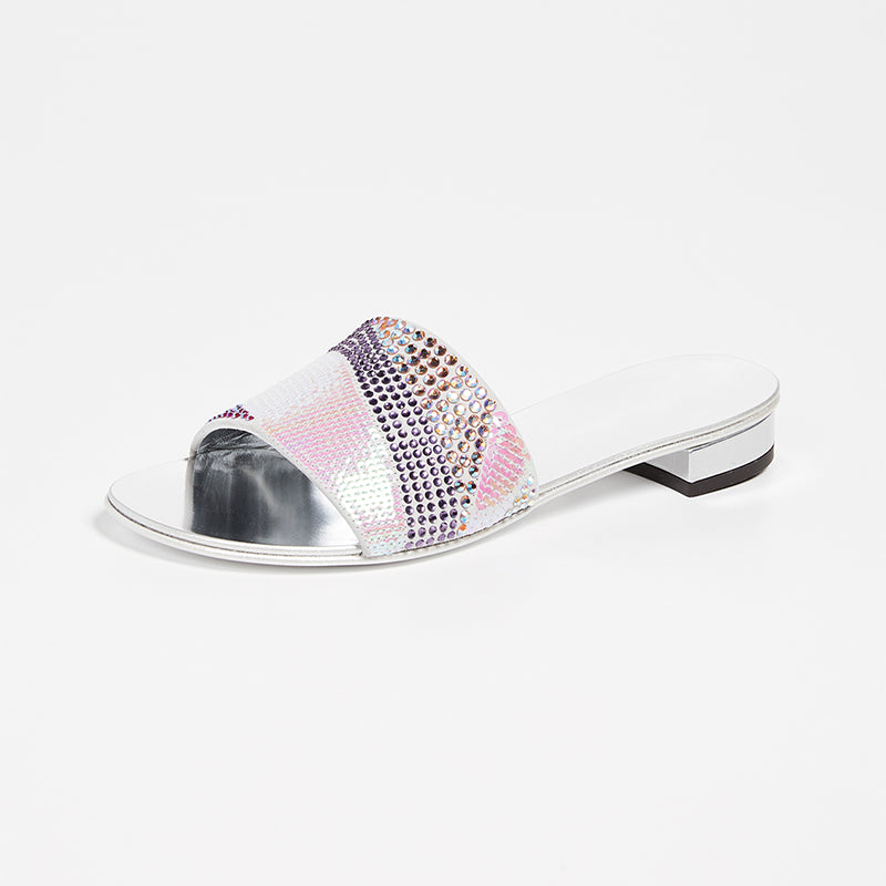 Silver Rhinestones Sequin Flats Slide Sandals for Women