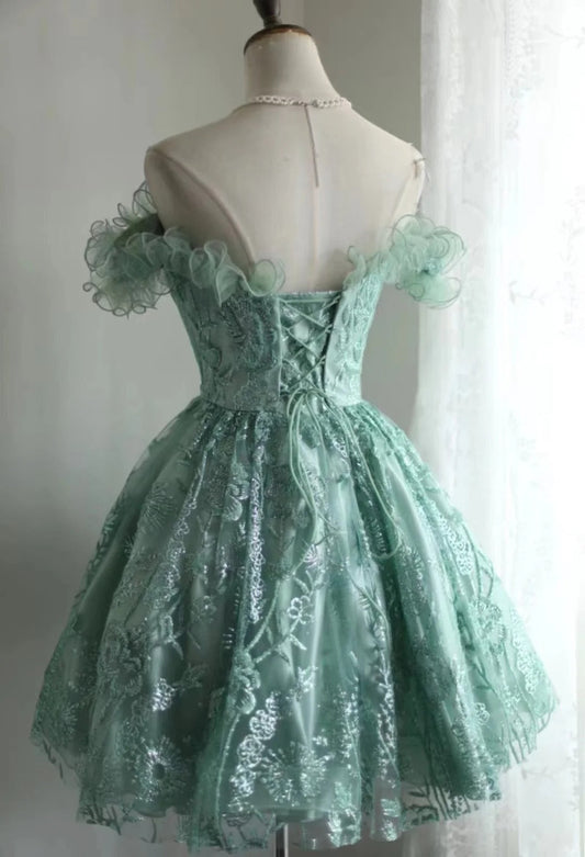 Vintage Green Appliqued Lace-up A-line Off-the-shoulder Party Dresses Homecoming Dresses, TP3803