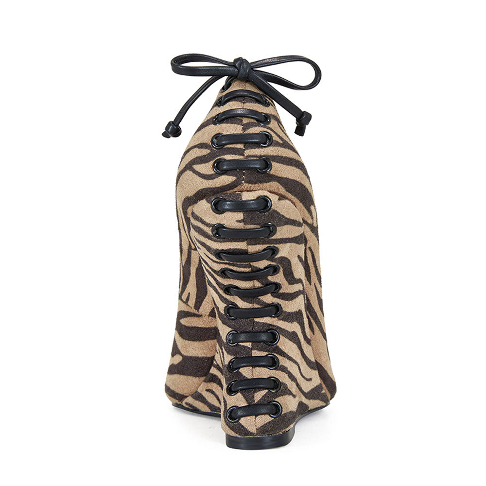 Zebra Print Pointed Toe Back Lace-Up Vegan Suede Wedge Pumps