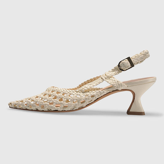 Beige Pointed Toe Hollow-Out Woven Slingback Heeled Sandals for Women
