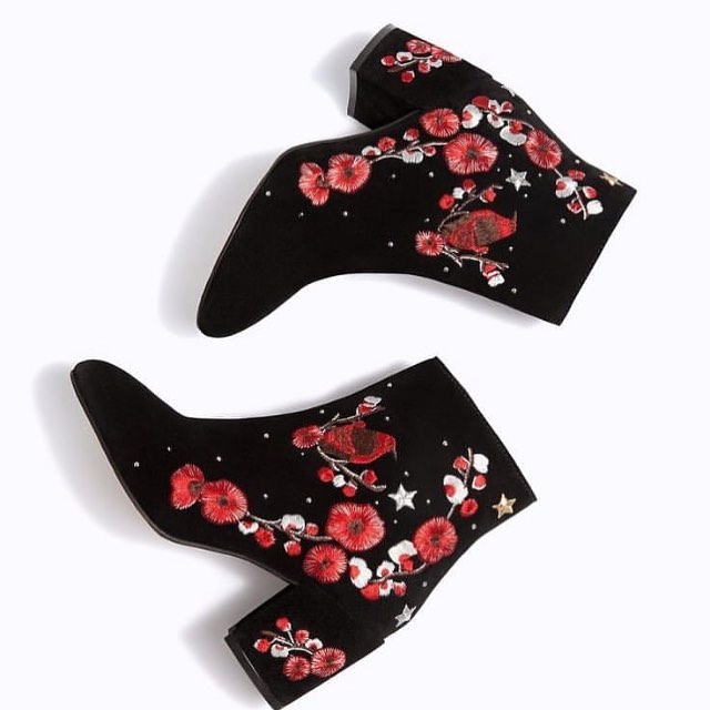 Black and Red Floral Vegan Suede Block Heel Ankle Boots