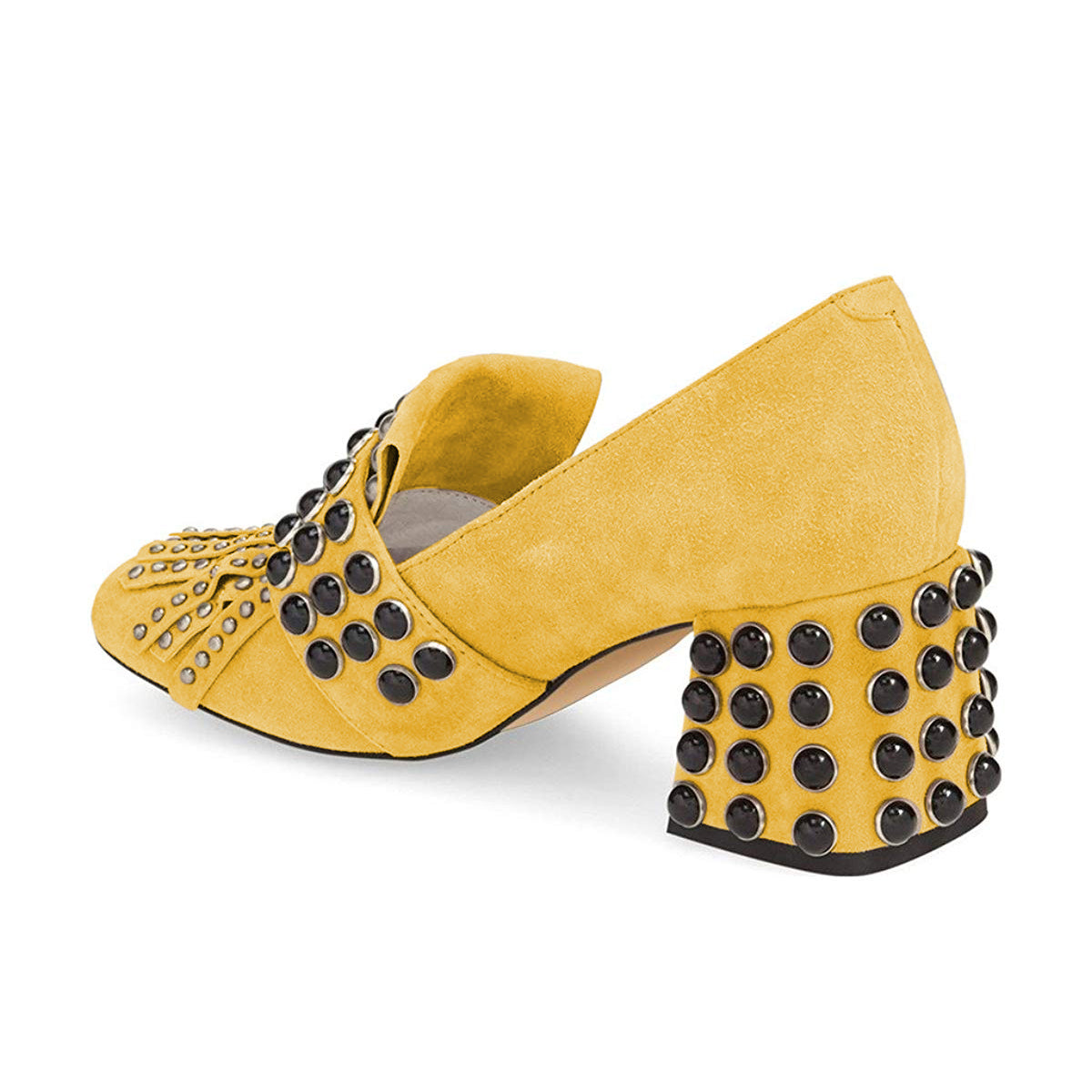 Yellow Vegan Suede Fringe Studs Block Heel Pumps