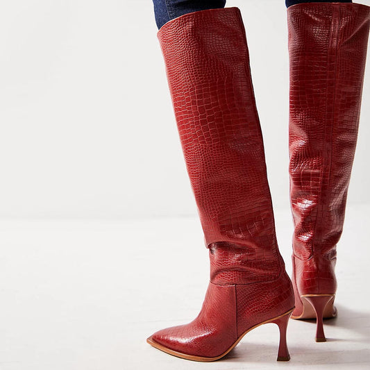 Red Snip Toe 3'' Kitten Heel Wide-Calf Croc Embossed Knee High Boots