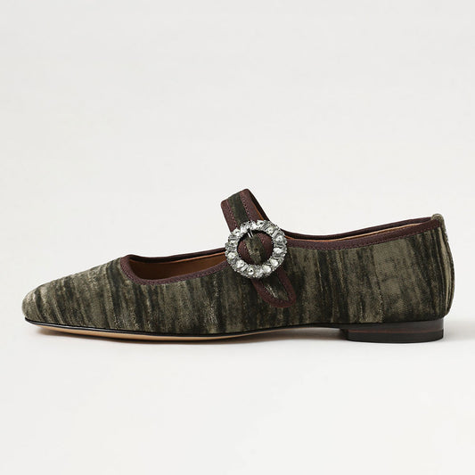 Velvet Square Toe Crystal Buckled Strap Mary Jane Flats in Dark Green