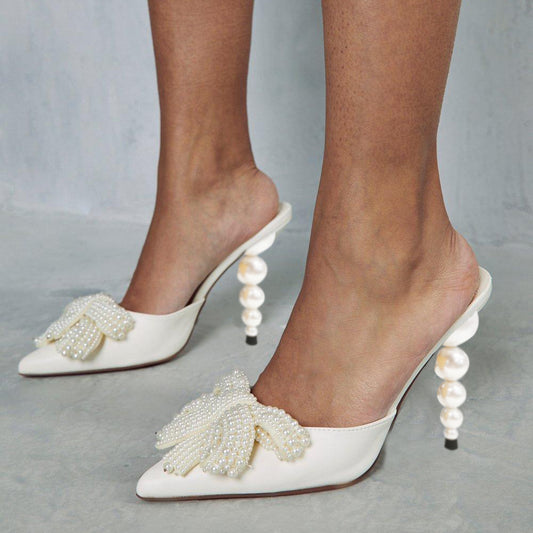 White Vegan Leather Closed Toe 4'' Decorative Heel Mules with Pearl