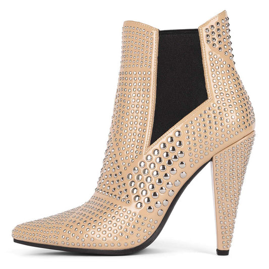 Beige Pointed Toe 4'' Stiletto Heel Studded Ankle Boots