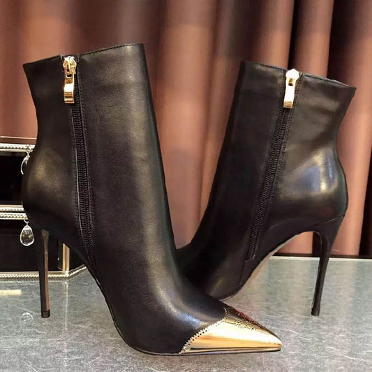 Black and Gold Wingtip Design Pointy Toe Stiletto Heel Ankle Boots
