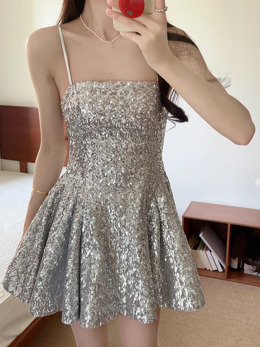 Fashion Silvery Spaghetti Strap A-line Sequin Party Dresses Homecoming Dresses, TP3788