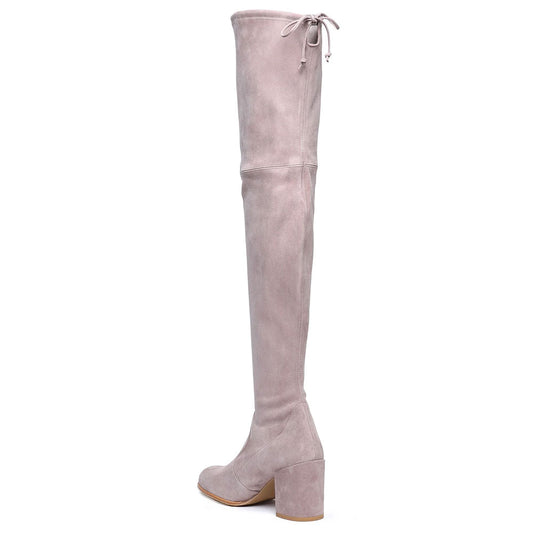 Women's Vegan Suede Block Heel Thigh High Strech Boots in Blush