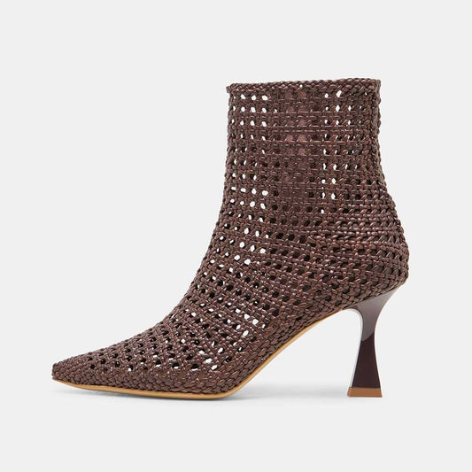 Brown Woven Pointed Toe Flared Heel Zipper Booties for Women