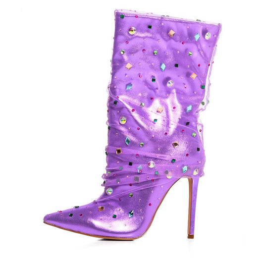 Purple Pointed Toe Pleated Tulle Rhinestone Heels Mid-Calf Boots